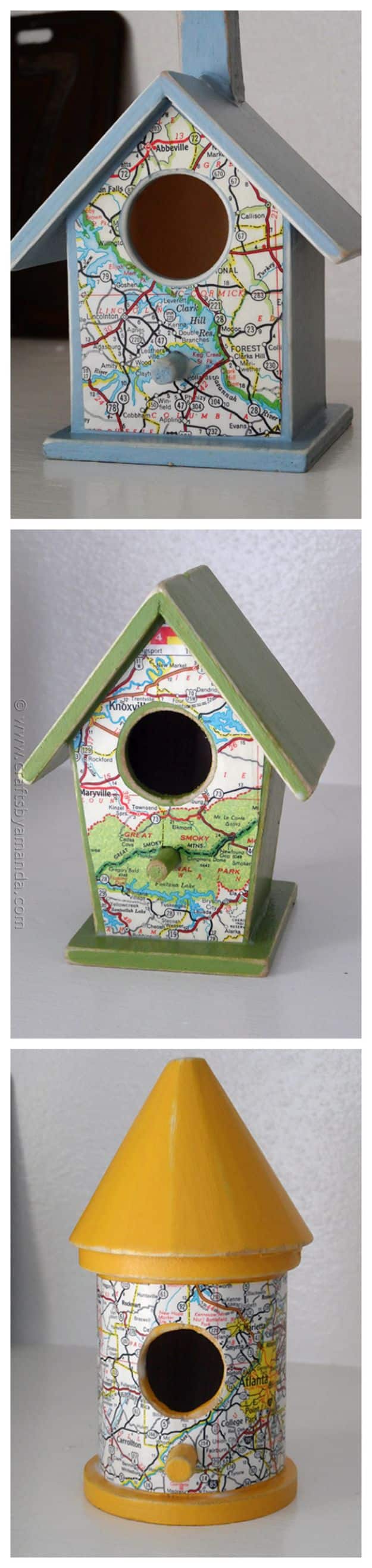 Road Map BirdhouDIY Ideas With Maps - Road Map Birdhouses - Easy Crafts, Home Decor, Art and Gifts Your Can Make With A Map - Pinboard, Canvas, Painting, Paper Flowers, Signs Projectsses