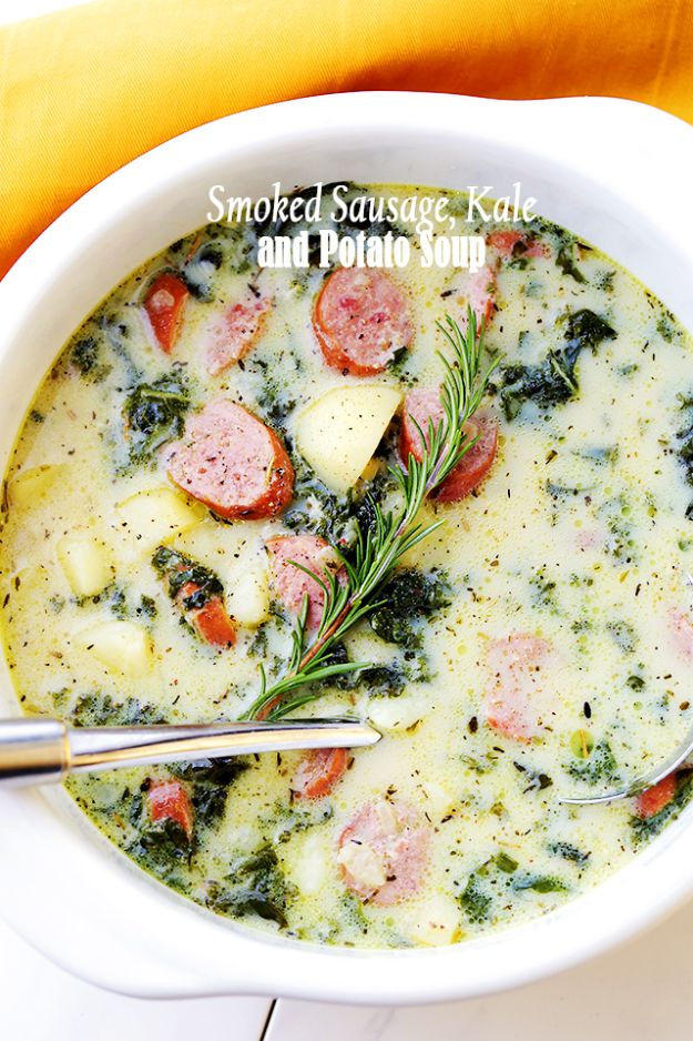 Best Kale Recipes - Smoked Sausage, Kale and Potato Soup - How to Cook Kale at Home - Healthy Green Vegetable Cooking for Salads, Soup, Lunches, Stir Fry and Dinner - Kale Chips. Salad, Shredded, Cooked, Fresh and Sauteed Kale - Vegan, Vegetarian, Keto, Low Carb and Lowfat Recipe Ideas #kale #kalerecipes #vegetablerecipes #veggies #recipeideas #dinnerideas 