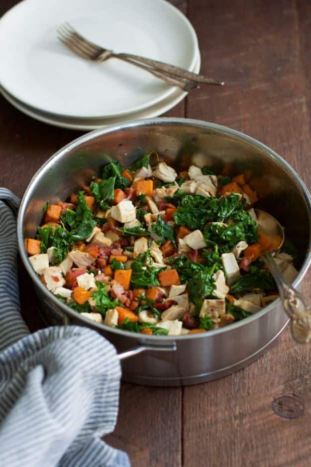 Best Kale Recipes - Sweet Potato Chicken Kale Skillet - How to Cook Kale at Home - Healthy Green Vegetable Cooking for Salads, Soup, Lunches, Stir Fry and Dinner - Kale Chips. Salad, Shredded, Cooked, Fresh and Sauteed Kale - Vegan, Vegetarian, Keto, Low Carb and Lowfat Recipe Ideas #kale #kalerecipes #vegetablerecipes #veggies #recipeideas #dinnerideas 