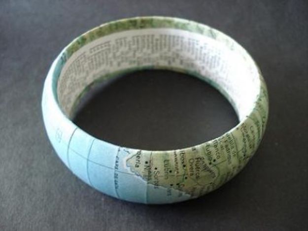 DIY Ideas With Maps - Vintage Map Bangle - Easy Crafts, Home Decor, Art and Gifts Your Can Make With A Map - Pinboard, Canvas, Painting, Paper Flowers, Signs Projects