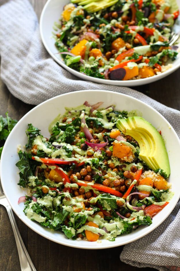 Best Kale Recipes - Warm Tahini Kale And Quinoa Bowl + Roasted Chickpeas - How to Cook Kale at Home - Healthy Green Vegetable Cooking for Salads, Soup, Lunches, Stir Fry and Dinner - Kale Chips. Salad, Shredded, Cooked, Fresh and Sauteed Kale - Vegan, Vegetarian, Keto, Low Carb and Lowfat Recipe Ideas #kale #kalerecipes #vegetablerecipes #veggies #recipeideas #dinnerideas 