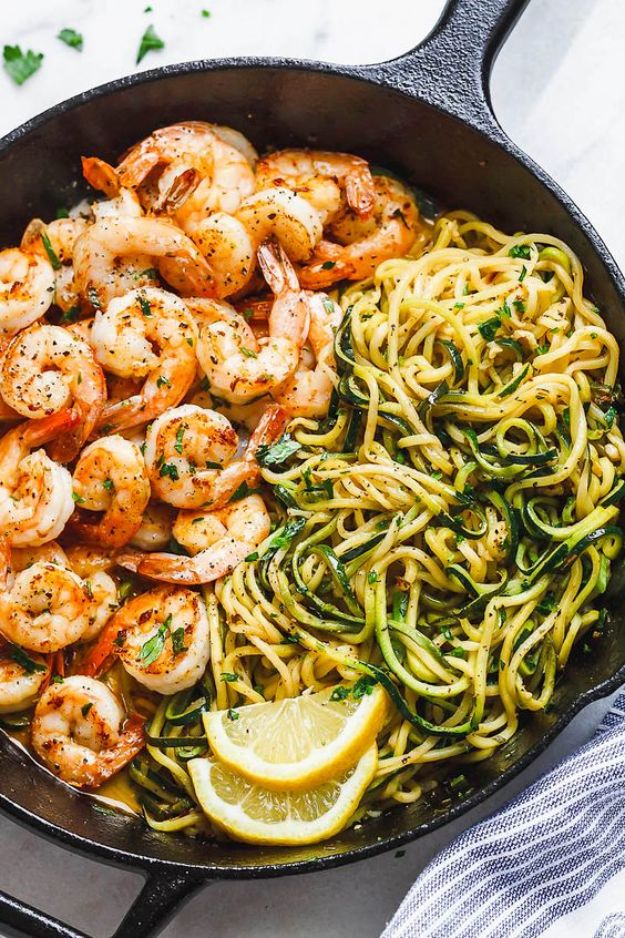 Healthy Easy Dinner Recipes - 10 Minute Lemon Garlic Butter Shrimp With Zucchini Noodles - Quick and Simple Dinner Recipe Ideas for Weeknight and Last Minute Supper - Chicken, Ground Beef, Fish, Pasta, Healthy Salads, Low Fat and Vegetarian Dishes #easyrecipes #dinnerideas #recipes