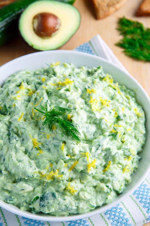 Avocado Recipes - Avocado Tzatziki Sauce - Quick Avocado Toast, Eggs, Keto Guacamole, Dips, Salads, Healthy Lunches, Breakfast, Dessert and Dinners - Party Foods, Soups, Low Carb Salad Dressings and Smoothie #avocado #recipes