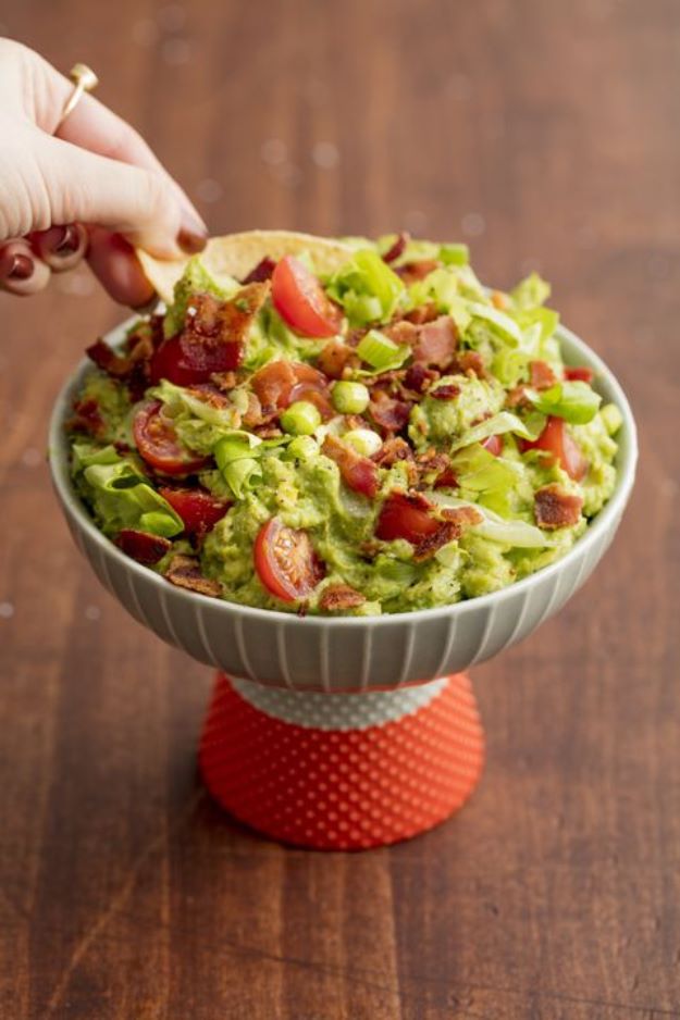 Avocado Recipes - BLT Guacamole - Quick Avocado Toast, Eggs, Keto Guacamole, Dips, Salads, Healthy Lunches, Breakfast, Dessert and Dinners - Party Foods, Soups, Low Carb Salad Dressings and Smoothie #avocado #recipes