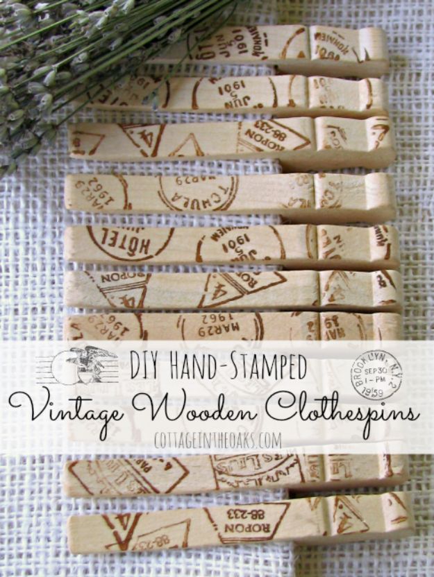 Cheap DIY Gift Ideas - DIY Hand-Stamped Vintage Wooden Clothespins - List of Handmade Gifts on A Budget and Inexpensive Christmas Presents - Do It Yourself Gift Idea for Family and Friends, Mom and Dad, For Guys and Women, Boyfriend, Girlfriend, BFF, Kids and Teens - Dollar Store and Dollar Tree Crafts, Home Decor, Room Accessories and Fun Things to Make At Home #diygifts #christmas #giftideas #diy