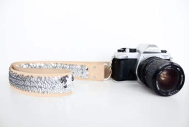 Cheap DIY Gift Ideas - DIY No Sew Sequin Camera Strap - List of Handmade Gifts on A Budget and Inexpensive Christmas Presents - Do It Yourself Gift Idea for Family and Friends, Mom and Dad, For Guys and Women, Boyfriend, Girlfriend, BFF, Kids and Teens - Dollar Store and Dollar Tree Crafts, Home Decor, Room Accessories and Fun Things to Make At Home #diygifts #christmas #giftideas #diy