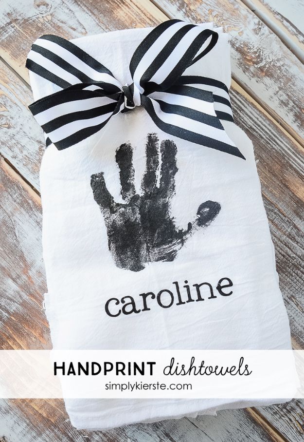 Cheap DIY Gift Ideas - Handprint Dishtowels - List of Handmade Gifts on A Budget and Inexpensive Christmas Presents - Do It Yourself Gift Idea for Family and Friends, Mom and Dad, For Guys and Women, Boyfriend, Girlfriend, BFF, Kids and Teens - Dollar Store and Dollar Tree Crafts, Home Decor, Room Accessories and Fun Things to Make At Home #diygifts #christmas #giftideas #diy