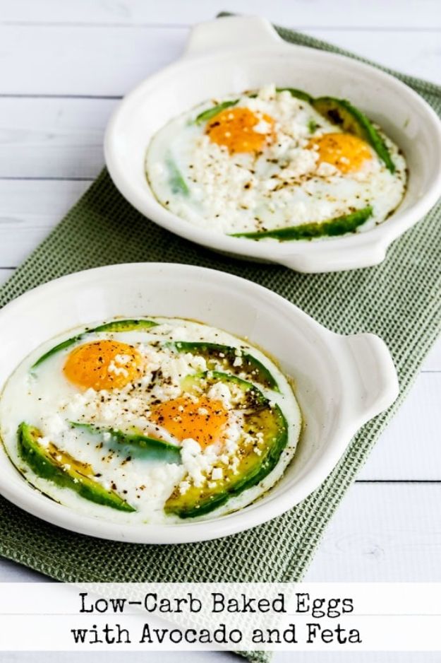 Keto Breakfast Recipes - Low-Carb Baked Eggs with Avocado and Feta - Low Carb Breakfasts and Morning Meals for the Ketogenic Diet - Low Carbohydrate Foods on the Go - Easy Crockpot Recipes and Casserole - Muffins and Pancakes, Shake and Smoothie, Ideas With No Eggs #keto