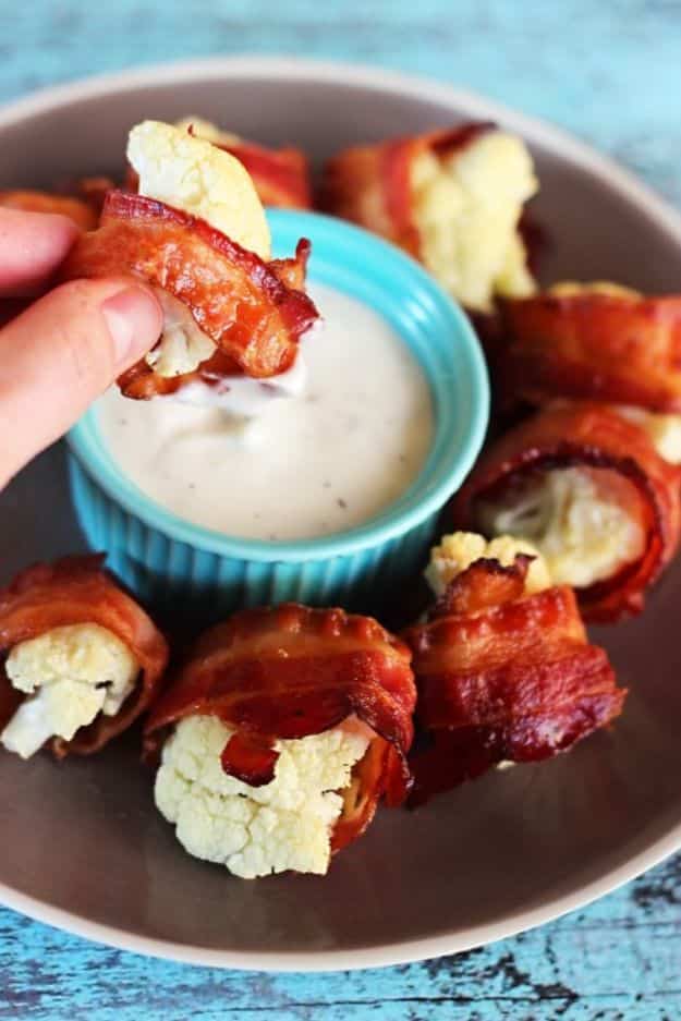 Easy Keto Snacks With Bacon- Microwave Bacon Wrapped Cauliflower Recipes for Keto Diet- Keto Snack Recipes - Easy Low Carb Appetizers -Ketogenic Snack Idea to Make #keto #ketodiet #ketorecipes