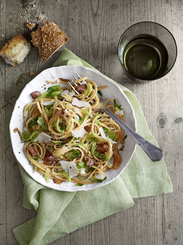 Best Pasta Recipes - Pancetta-and-Brussels Sprouts Linguini - Easy Pasta Recipe Ideas for Dinner, Lunch and Party Foods - Healthy and Easy Pastas With Shrimp, Beef, Chicken, Sausage, Tomato and Vegetarian - Creamy Alfredo, Marinara Red Sauce - Homemade Sauces and One Pot Meals for Quick Prep - Penne, Fettucini, Spaghetti, Ziti and Angel Hair #pasta #recipes #italian