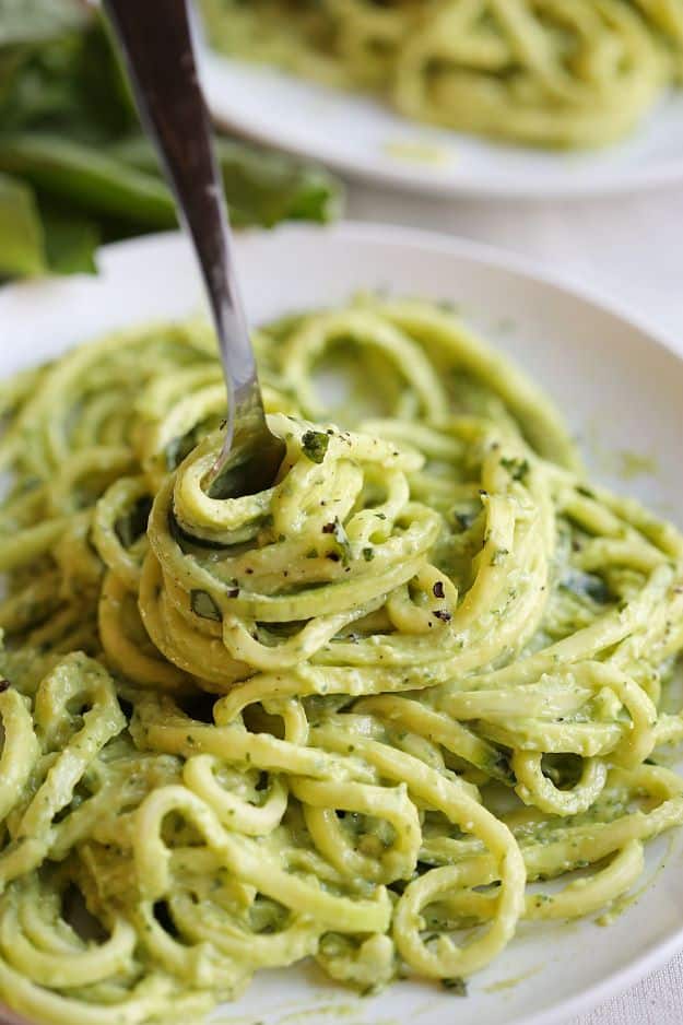 Avocado Recipes - Zucchini Noodles With Creamy Avocado Pesto - Easy Recipe Ideas for Avocados - Quick Avocado Toast, Eggs, Keto Guacamole, Dips, Salads, Healthy Lunches, Breakfast, Dessert and Dinners - Party Foods, Soups, Low Carb Salad Dressings and Smoothie #avocado #recipes