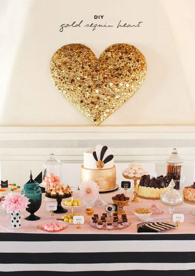 Dollar Tree DIY Wedding Decor Ideas - DIY Gold Sequin Heart - Cheap DIY Wedding Decorations - Creative Dollar Store DIY Wedding Centerpieces - Rustic and DIY Outdoor Wedding Ideas - Inexpensive Things to Make For Cool Wedding Photos