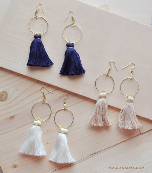 DIY Earrings - DIY Hoop Tassel Earrings - Easy Earring Projects for Studs, Dangle, Hoops, Tassel, Wire Wrap Beads and Handmade Cuff - Vintage, Boho, Beaded, Leather, Fabric andCrochet Ideas - Cheap Gifts for Her - Homemade Jewelry Tutorials With Step By Step Instructions 