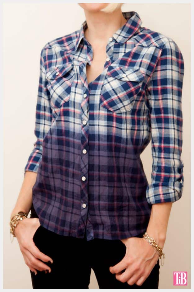 DIY Clothes for Fall - Dip Dye Plaid Shirt DIY - No Sew and Easy Designer Fashion Copycats - Tutorials for Making Your Own Clothing - Update Your Fall Wardrobe With These Cheap Shirts, Dresses, Skirts, Shoes, Scarves, Sweaters, Hats, Wraps, Coats and Bags - How To Dress For Success on A Budget - Free Sewing Tutorials for Beginners and Quick Fashion Upcycles for New Looks in 2020 