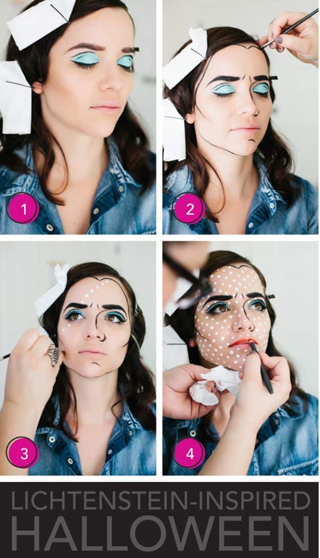 Best Halloween Makeup Tutorials - Lichtenstein Inspired Halloween Makeup - Easy Makeup Tips and Tutorial Ideas for The Best Halloween Costume - Animals, Eyes, Creative Faces, Simple and Scary Ghosts, Skeletons and Creatures - Zombie Makeup, Cute Looks, DIY Vampire, Gypsy, Mermaid and Creepy Sugar Skull, Cool Glam Looks for A Halloween Party and Instagram Photos - Ideas for Couples and Kids 