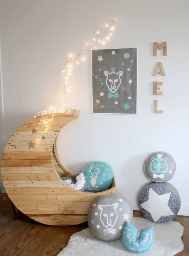 DIY Nursery Decor - Moon Cradle Made Out Of Wooden Pallets - Easy Projects to Make for Baby Room - Decorations for Boy and Girl Rooms, Unisex, Minimalist and Modern Nurseries and Rustic, Farmhouse Style - All White, Pink, Blue, Yellow and Green - Cribs, Bedding, Wall Art and Hangings, Rocking Chairs, Pillows, Changing Tables, Storage and Bassinet for Baby #diybaby #babygifts #nurserydecor