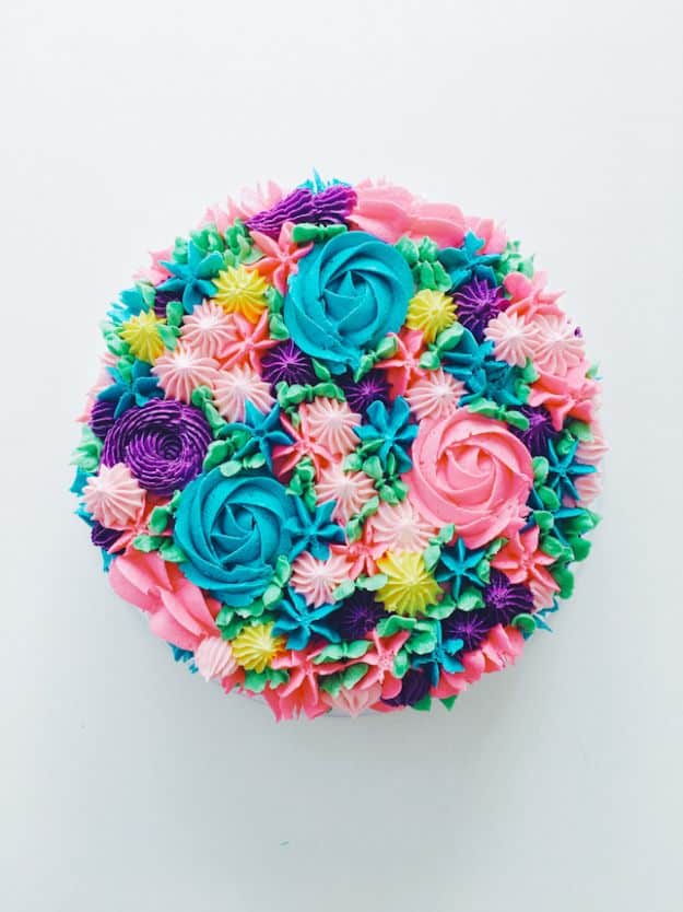 DIY Birthday Cakes - Piped Rainbow Buttercream Flower Cake - How To Make A Birthday Cake With Step by Step Tutorial - Bake Homemade Cakes for Special Occasions and Birthdays With These Best Birthday Cake Recipes - Fancy Chocolate, Basic Vanilla Buttercream easy cakes recipes birthdays