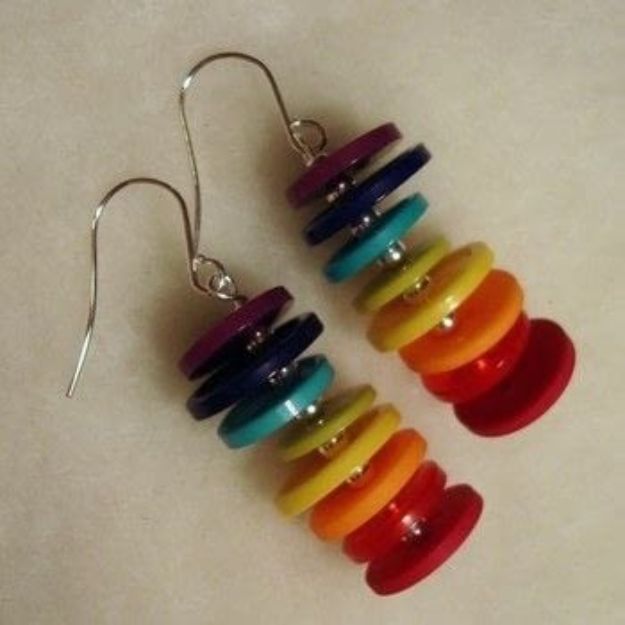 DIY Earrings - Rainbow Button Earrings - Easy Earring Projects for Studs, Dangle, Hoops, Tassel, Wire Wrap Beads and Handmade Cuff - Vintage, Boho, Beaded, Leather, Fabric andCrochet Ideas - Cheap Gifts for Her - Homemade Jewelry Tutorials With Step By Step Instructions 
