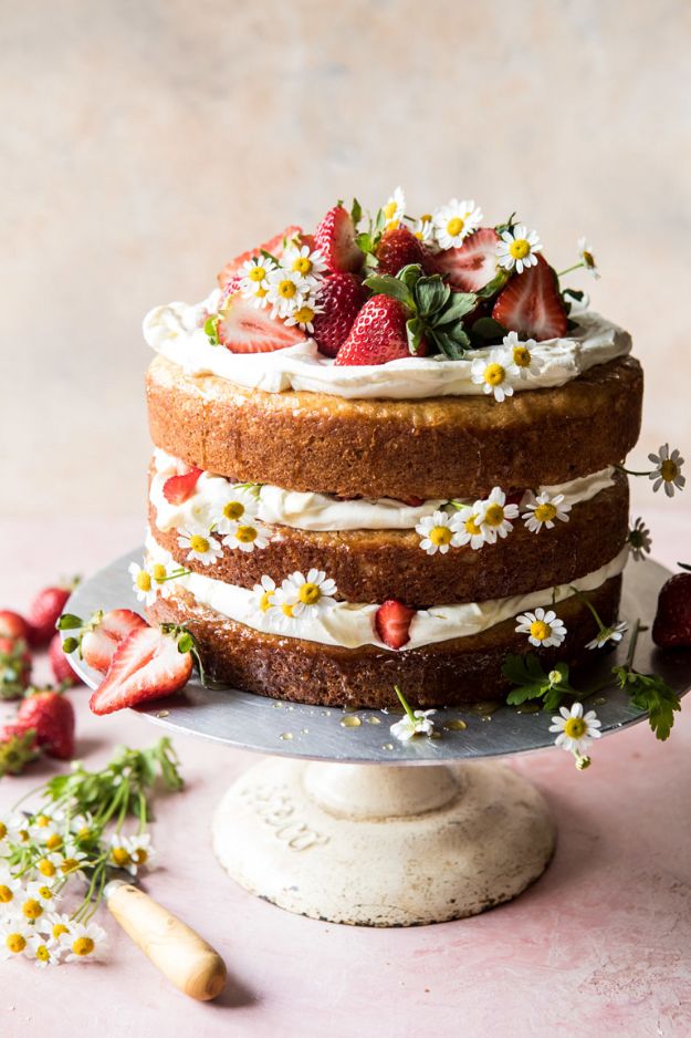 DIY Birthday Cakes - Strawberry Chamomile Naked Cake - How To Make A Birthday Cake With Step by Step Tutorial - Bake Homemade Cakes for Special Occasions and Birthdays With These Best Birthday Cake Recipes - Fancy Chocolate, Basic Vanilla Buttercream easy cakes recipes birthdays