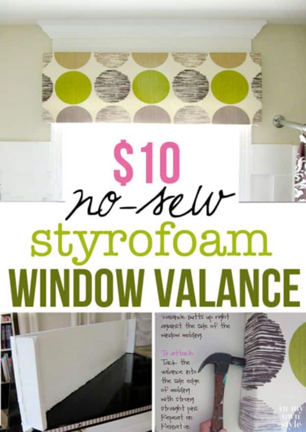 Cheap DIY Living Room Decor Ideas - $10 No-Sew Styrofoam Window Valance - Cool Modern, Rustic Creative Farmhouse Home Decor On A Budget - Do It Yourself Coffee Tables, Wall Art, Rugs, Pillows and Chairs. Step by Step Tutorials and Instructions #diydecor #livingroom #decorideas