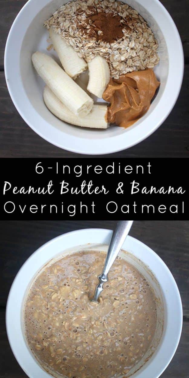 Overnight Oats Recipes - 6-Ingredient Peanut Butter & Banana Overnight Oatmeal - Easy Breakfast Recipe Idea - Healthy Fruit to Add Blueberry, Banana, Strawberry and Pineapple, Apple Cinnamon - Brunch Ideas and Kids Breakfasts #recipes #overnightoats