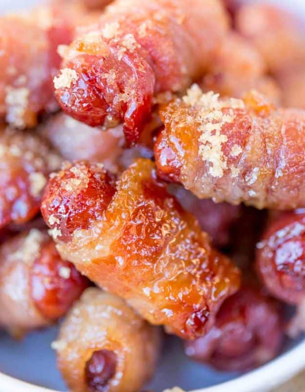 Bacon Recipes - Bacon Brown Sugar Smokies - Best Ideas for A Bacon Recipe - Candied Bacon, Baked Bacon In The Oven, Dishes to Have Bacon for Dinner, Appetizers, Easy and Healthy Bacon Tips - Chicken and Asparagus Dishes, Snacks, Lunches and Even Desserts http://diyjoy.com/best-bacon-recipes