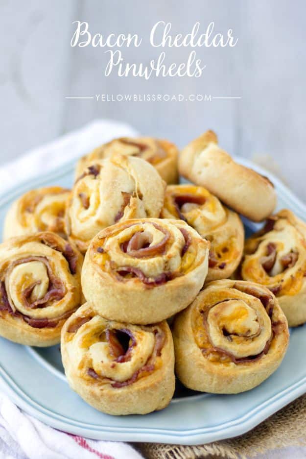Bacon Recipes - Bacon Cheddar Pinwheels - Best Ideas for A Bacon Recipe , Candied Bacon, Baked Bacon In The Oven, Dishes to Have Bacon for Dinner, Appetizers, Easy and Healthy Bacon Tips - Chicken and Asparagus Dishes, Snacks, Lunches and Even Desserts http://diyjoy.com/best-bacon-recipes