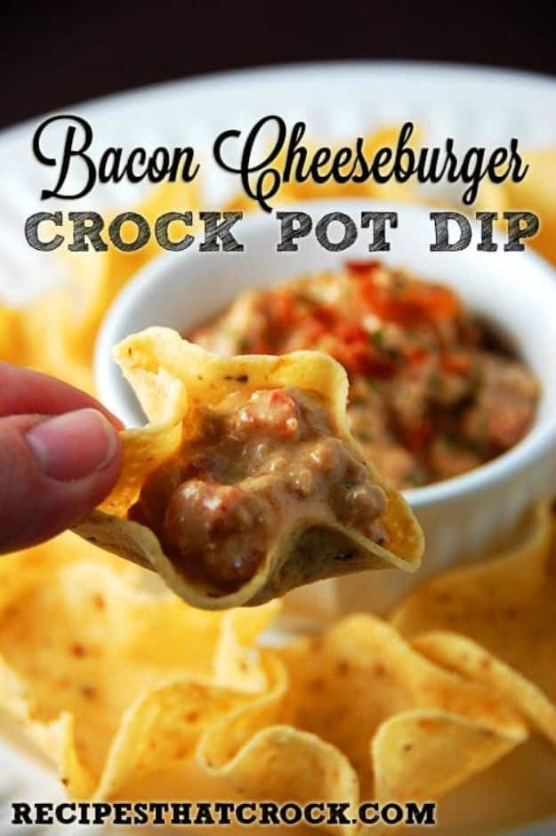 Bacon Recipes - Bacon Cheeseburger Crock Pot Dip - Best Ideas for A Bacon Recipe , Candied Bacon, Baked Bacon In The Oven, Dishes to Have Bacon for Dinner, Appetizers, Easy and Healthy Bacon Tips - Chicken and Asparagus Dishes, Snacks, Lunches and Even Desserts http://diyjoy.com/best-bacon-recipes