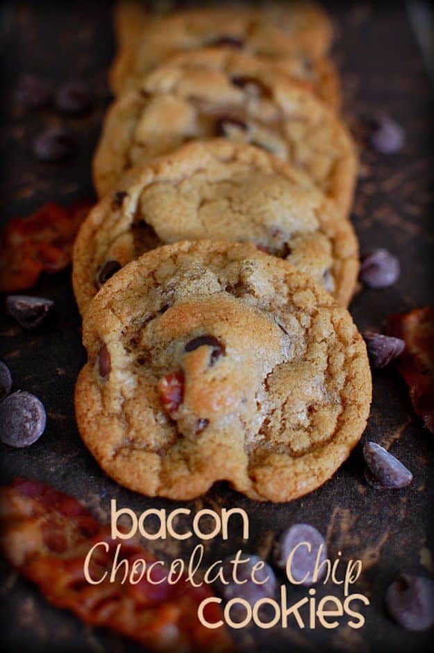 Bacon Recipes - Bacon Chocolate Chip Cookies - Best Ideas for A Bacon Recipe - Candied Bacon, Baked Bacon In The Oven, Dishes to Have Bacon for Dinner, Appetizers, Easy and Healthy Bacon Tips - Chicken and Asparagus Dishes, Snacks, Lunches and Even Desserts http://diyjoy.com/best-bacon-recipes