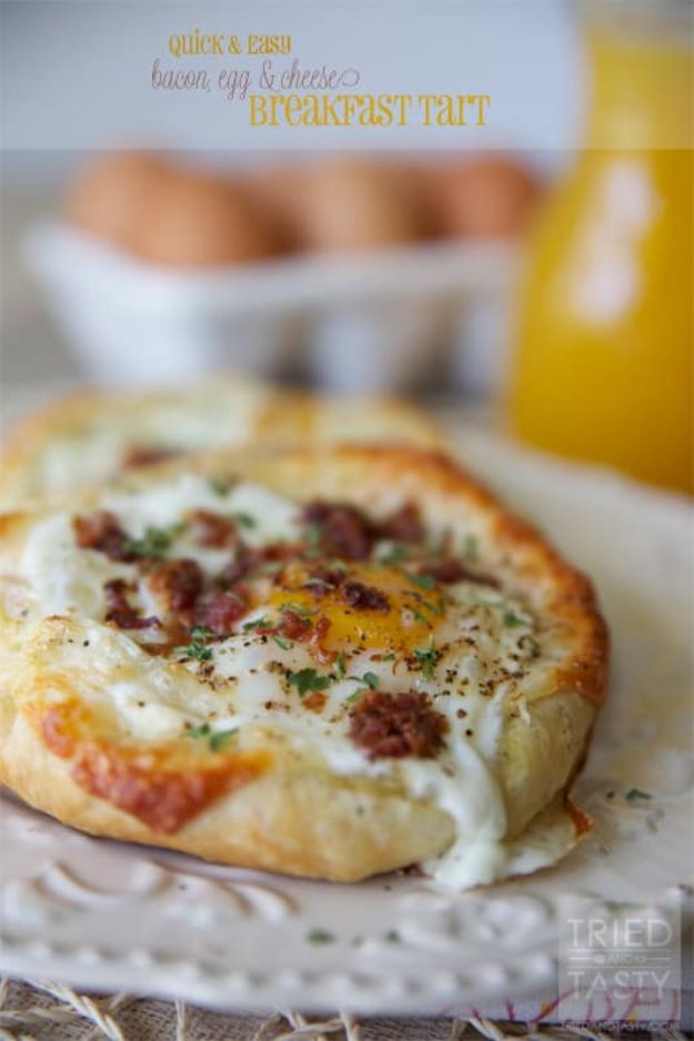 Bacon Recipes - Bacon, Egg and Cheese Breakfast Tart - Best Ideas for A Bacon Recipe - Candied Bacon, Baked Bacon In The Oven, Dishes to Have Bacon for Dinner, Appetizers, Easy and Healthy Bacon Tips - Chicken and Asparagus Dishes, Snacks, Lunches and Even Desserts http://diyjoy.com/best-bacon-recipes