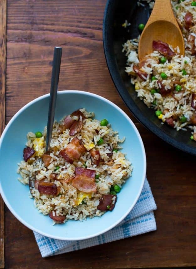 Bacon Recipes - Bacon Lover's Fried Rice - Best Ideas for A Bacon Recipe - Candied Bacon, Baked Bacon In The Oven, Dishes to Have Bacon for Dinner, Appetizers, Easy and Healthy Bacon Tips - Chicken and Asparagus Dishes, Snacks, Lunches and Even Desserts http://diyjoy.com/best-bacon-recipes