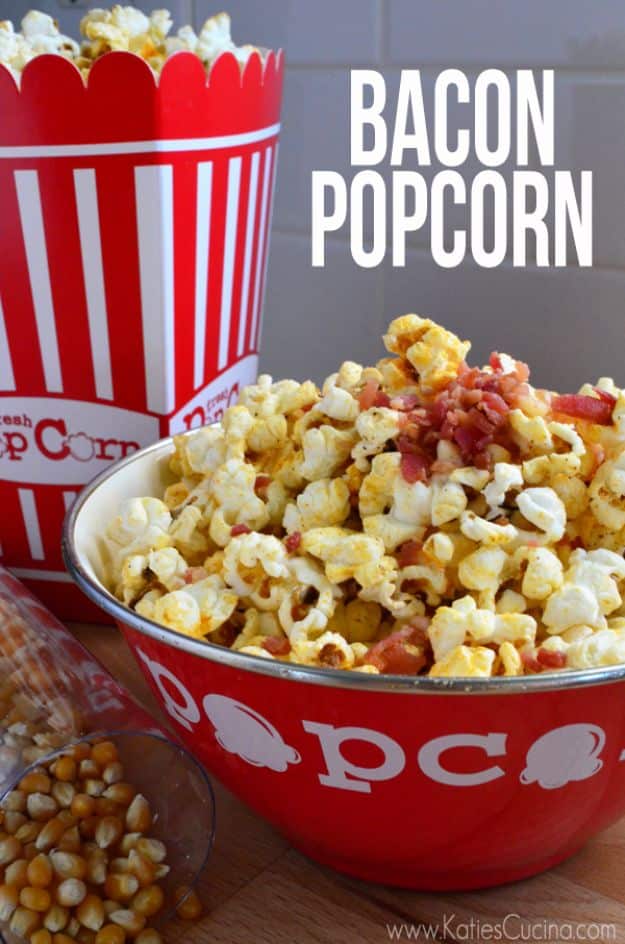 Bacon Recipes - Bacon Popcorn - Best Ideas for A Bacon Recipe , Candied Bacon, Baked Bacon In The Oven, Dishes to Have Bacon for Dinner, Appetizers, Easy and Healthy Bacon Tips - Chicken and Asparagus Dishes, Snacks, Lunches and Even Desserts http://diyjoy.com/best-bacon-recipes