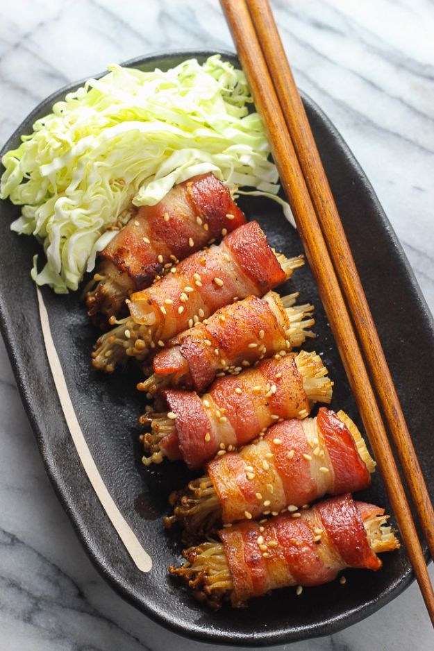 Bacon Recipes - Bacon Wrapped Enoki - Best Ideas for A Bacon Recipe - Candied Bacon, Baked Bacon In The Oven, Dishes to Have Bacon for Dinner, Appetizers, Easy and Healthy Bacon Tips - Chicken and Asparagus Dishes, Snacks, Lunches and Even Desserts http://diyjoy.com/best-bacon-recipes
