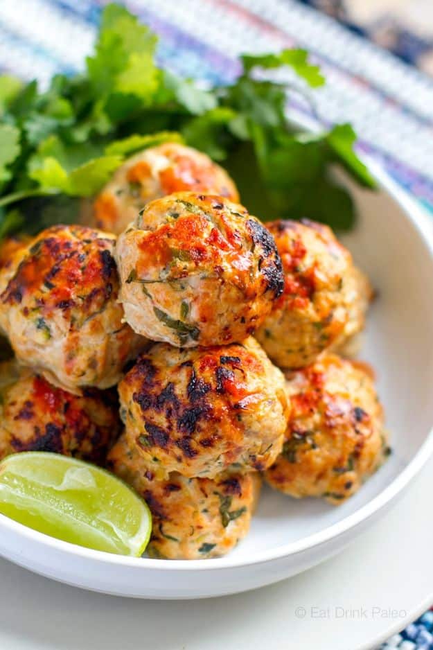 Ground Turkey Recipes - Baked Spicy Turkey Meatballs With Zucchini - Healthy and Easy Turkey Recipe Ideas for Dinner, Lunch, Snack - Quick Crockpot and Instant Pot, Casserole, Meatballs, Pasta and Burgers - Keto Friendly and Low Carb, Paleo, Gluten Free #turkeyrecipes
