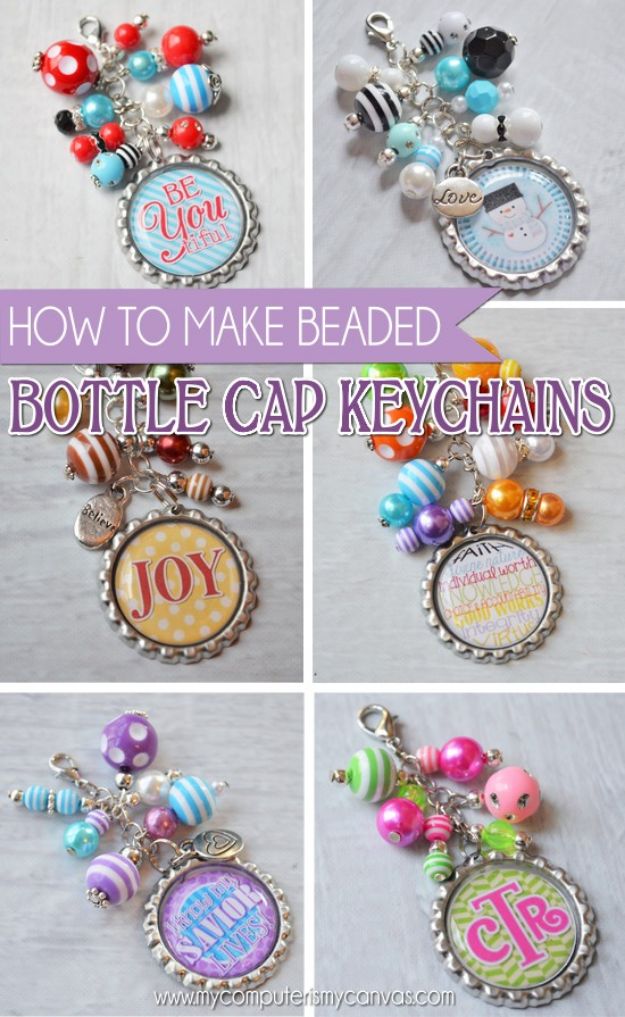 DIY Bottle Cap Crafts - Beaded Bottle Cap Key Chains - Make Jewelry Projects, Creative Craft Ideas, Gift Ideas for Men, Women and Kids, KeyChains and Christmas Ornaments, Presents  