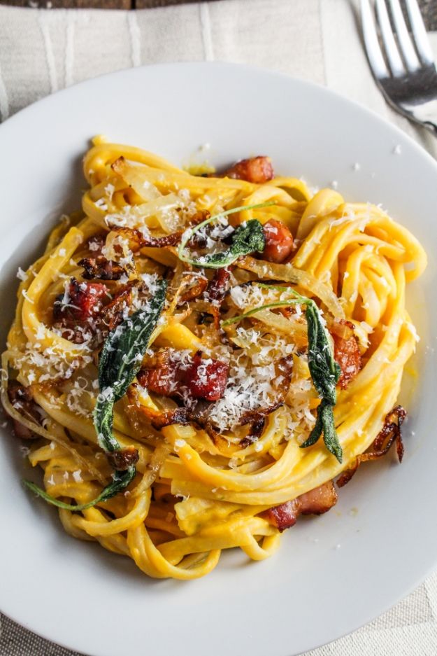 Butternut Squash Recipes - Butternut Squash Carbonara With Fried Sage and Caramelized Onions - Healthy and Hearty Butter Nut Recipe Ideas for Soup, Roasted, Baked, Instant Pot, Crockpot, Mashed- Pasta, Salad, Dessert and Easy Side Dishes - Paleo,and Gluten Free Versions, Thanksgiving Favorites #recipes #veggies #healthy