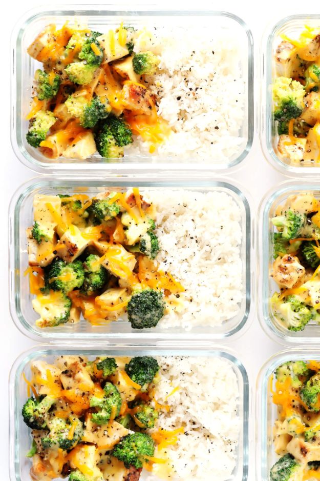 Easy Prep Recipes for a Week - Cheesy Broccoli, Chicken and Rice Bowls - Quick Meal Prepping Recipe With Chicken = Make Ahead Meals