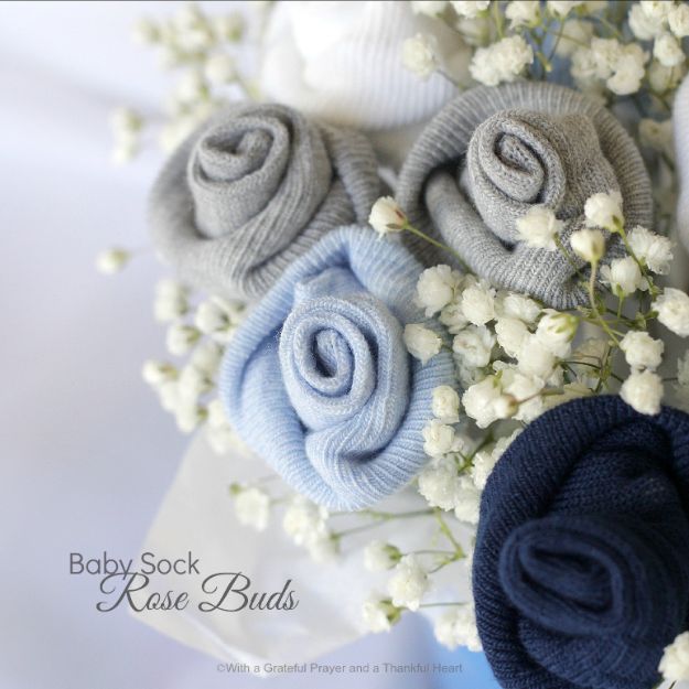 DIY Baby Shower Decorations - DIY Baby Socks Rose Flower Bouquet - Cute and Easy Ways to Decorate for A Baby Shower Ideas in Pink and Blue for Boys and Girls- Games and Party Decor - Banners, Cake, Invitations and Favors #babygifts #babyshower #diybabygifts