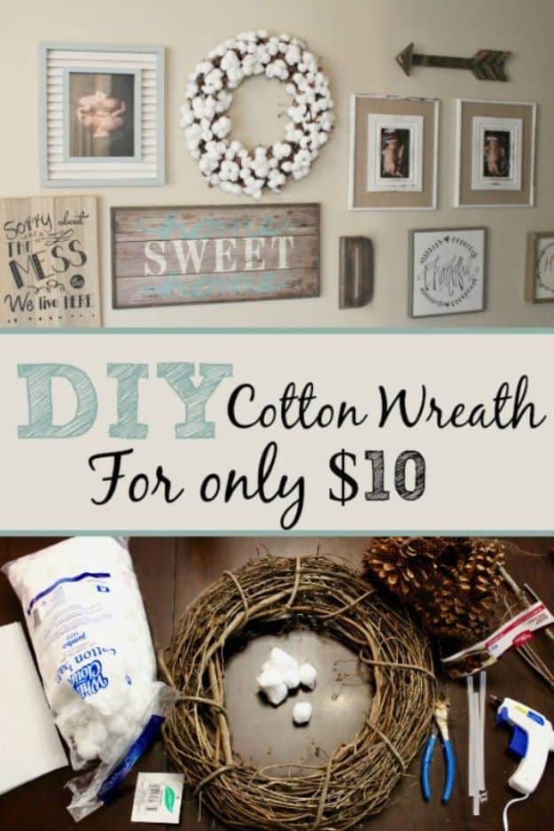 Cheap DIY Living Room Decor Ideas -DIY Cotton Wreath For Only $10 - Cool Modern, Rustic Creative Farmhouse Home Decor On A Budget - Do It Yourself Coffee Tables, Wall Art, Rugs, Pillows and Chairs. Step by Step Tutorials and Instructions #diydecor #livingroom #decorideas