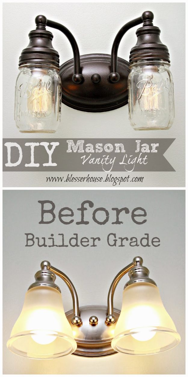 Cheap DIY Living Room Decor Ideas - DIY Mason Jar Vanity Light - Cool Modern, Rustic Creative Farmhouse Home Decor On A Budget - Do It Yourself Coffee Tables, Wall Art, Rugs, Pillows and Chairs. Step by Step Tutorials and Instructions #diydecor #livingroom #decorideas