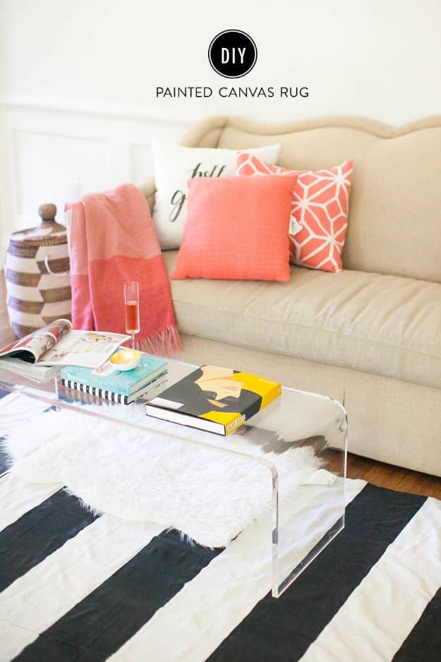 Cheap DIY Living Room Decor Ideas - DIY Painted Canvas Rug - Cool Modern, Rustic Creative Farmhouse Home Decor On A Budget - Do It Yourself Coffee Tables, Wall Art, Rugs, Pillows and Chairs. Step by Step Tutorials and Instructions #diydecor #livingroom #decorideas