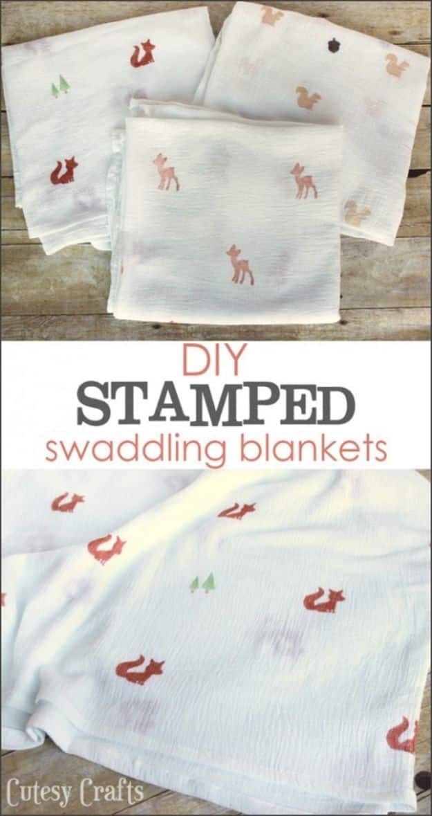 DIY Baby Blankets - DIY Stamped Muslin Swaddling Blankets - Easy No Sew Ideas for Minky Blankets, Quilt Tutorials, Crochet Projects, Blanket Projects for Boy and Girl - How To Make a Blanket By Hand With Fleece, Flannel, Knit and Fabric Scraps - Personalized and Monogrammed Ideas - Cute Cheap Gifts for Babies  #babygifts