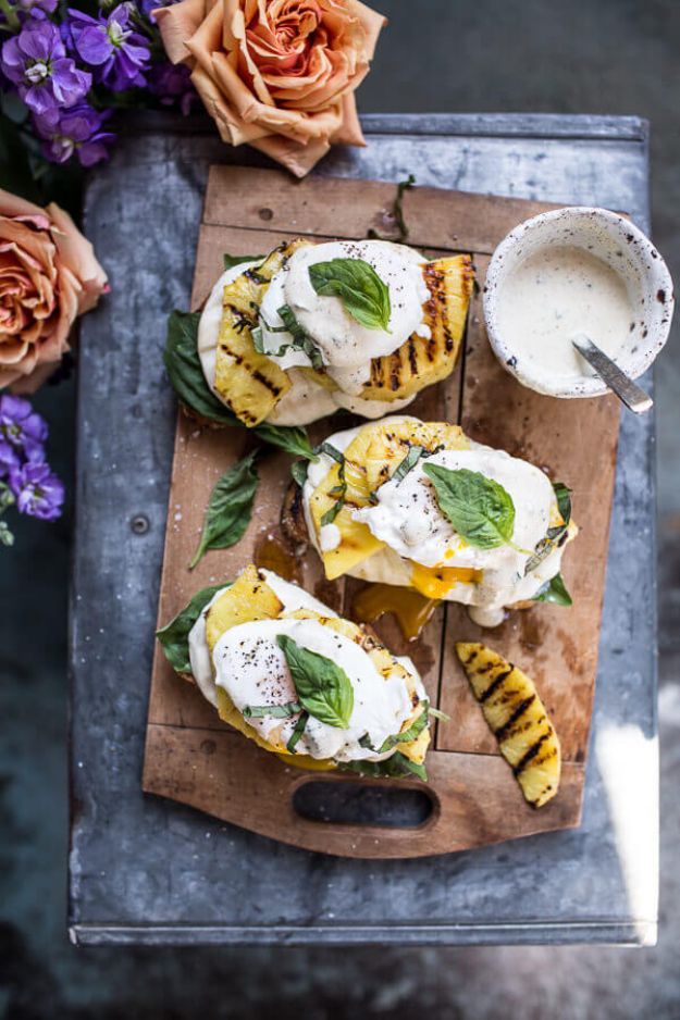 Eggs Benedict Recipes - Grilled Pineapple Caprese Eggs Benedict With Coconut Almond Hollandaise - Best Benedicts and Recipe Ideas for Breakfast, Brunch and Lunch - Easy and Quick Eggs Benedict, Classic, Salmon, Vegetarian and Healthy Variations - How to Make Hollandaise Sauce - Pioneer Woman Favorites - Eggs Benedict Casserole for A Crowd  