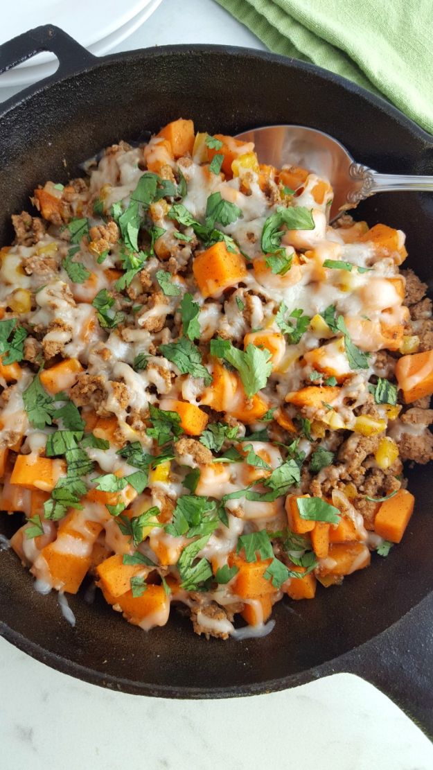 Ground Turkey Recipes - Ground Turkey Sweet Potato Skillet - Healthy and Easy Turkey Recipe Ideas for Dinner, Lunch, Snack - Quick Crockpot and Instant Pot, Casserole, Meatballs, Pasta and Burgers - Keto Friendly and Low Carb, Paleo, Gluten Free #turkeyrecipes