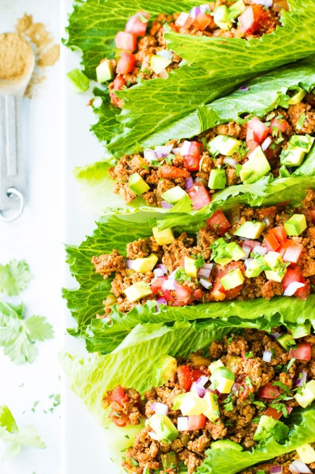 Ground Turkey Recipes - Ground Turkey Taco Lettuce Wraps - Healthy and Easy Turkey Recipe Ideas for Dinner, Lunch, Snack - Quick Crockpot and Instant Pot, Casserole, Meatballs, Pasta and Burgers - Keto Friendly and Low Carb, Paleo, Gluten Free #turkeyrecipes