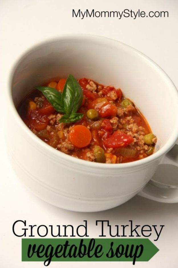 Ground Turkey Recipes - Ground Turkey Vegetable Soup - Healthy and Easy Turkey Recipe Ideas for Dinner, Lunch, Snack - Quick Crockpot and Instant Pot, Casserole, Meatballs, Pasta and Burgers - Keto Friendly and Low Carb, Paleo, Gluten Free #turkeyrecipes
