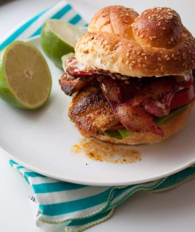 Tilapia Recipes - Lighter Cajun Tilapia Sandwich with Bacon and Lime Mayo - Best Recipe Ideas for Tilapia Fish - Dinner, Lunch, Snacks and Appetizers - Healthy Foods, Gluten Free Low Carb and Keto Friendly Dishes - Salads, Pastas and Easy Weeknight Dinners, Lunches for Work - Broiled, Grilled, Lemon Baked, Fried and Quick Ways to Make Tilapia #fish #healthy #recipes