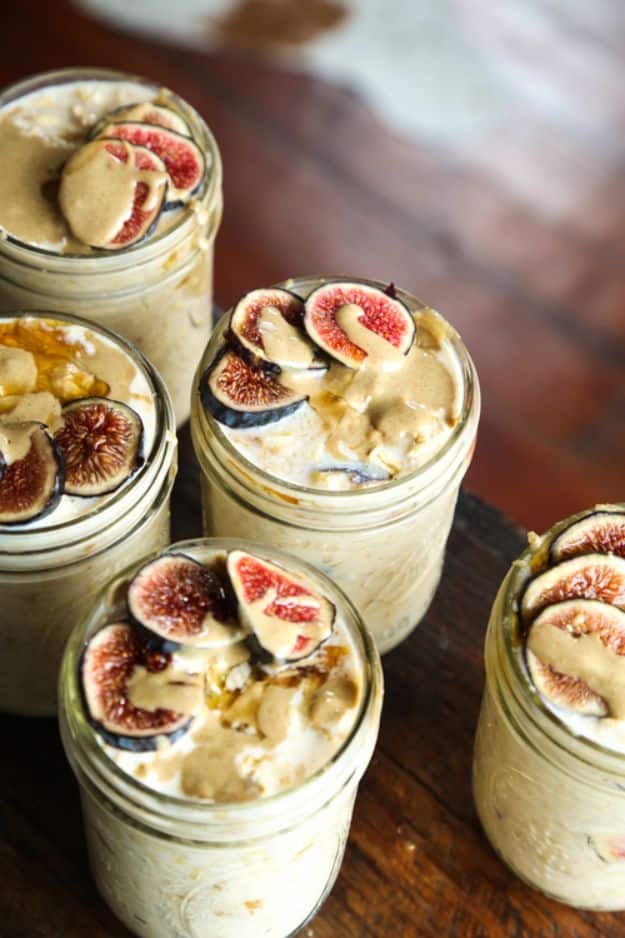 Overnight Oats Recipes - Maple + Fig + Tahini Overnight Oats - Easy Breakfast Recipe Idea - Healthy Fruit to Add Blueberry, Banana, Strawberry and Pineapple, Apple Cinnamon - Brunch Ideas and Kids Breakfasts #recipes #overnightoats