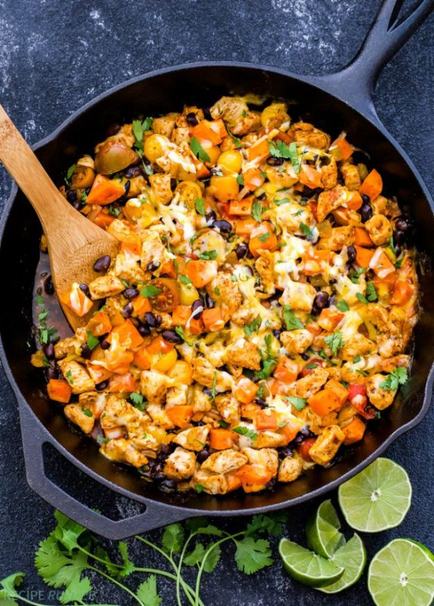 Sweet Potato Recipes - Mexican Chicken, Sweet Potato and Black Bean Skillet - Easy Recipe Ideas for Sweet Potatoes in the Crockpot, Casserole Dishes, Baked, Mashed, Candied and Roastedd - Healthy Versions of Sweet Potatoes for Thanksgiving - Dinner, Lunch and Side Dishes #recipes