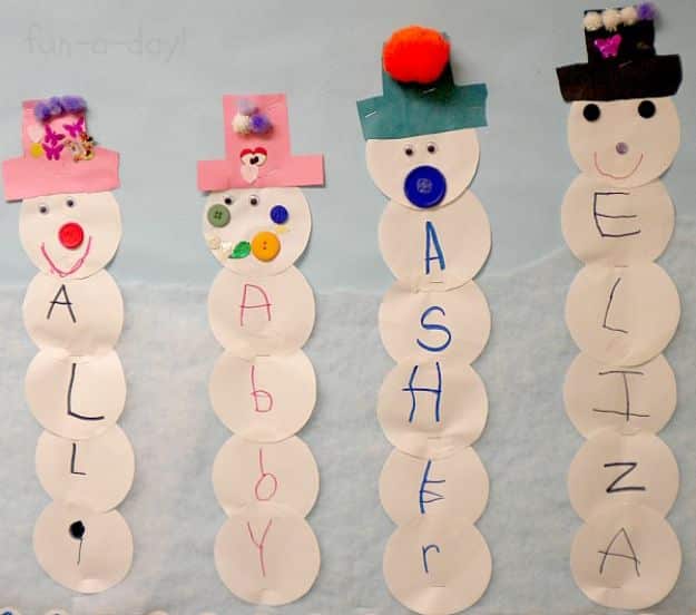 Winter Crafts for Toddlers and Kids - Name Snowmen - Easy Art Projects and Craft Ideas for 2 Year Olds, Preschool Age Children - Simple Indoor Activities, Things To Make At Home in Wintertime - Snow, Snowflake and Icicle, Snowmen - Classroom Art Projects #kidscrafts #craftsforkids #winters
